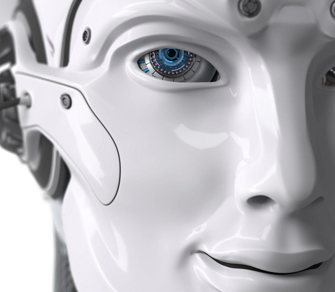 Close-up of a futuristic high-tech robotic face with glowing optical sensors